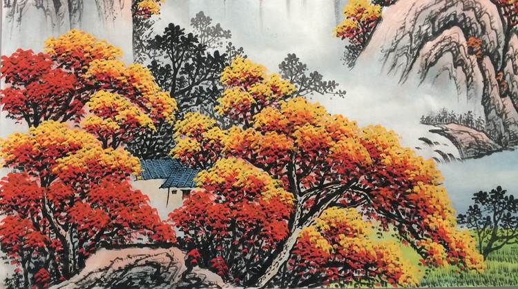 鸿运当头国画山水画风水靠山客厅招财壁画挂画中堂画聚宝盆手绘 